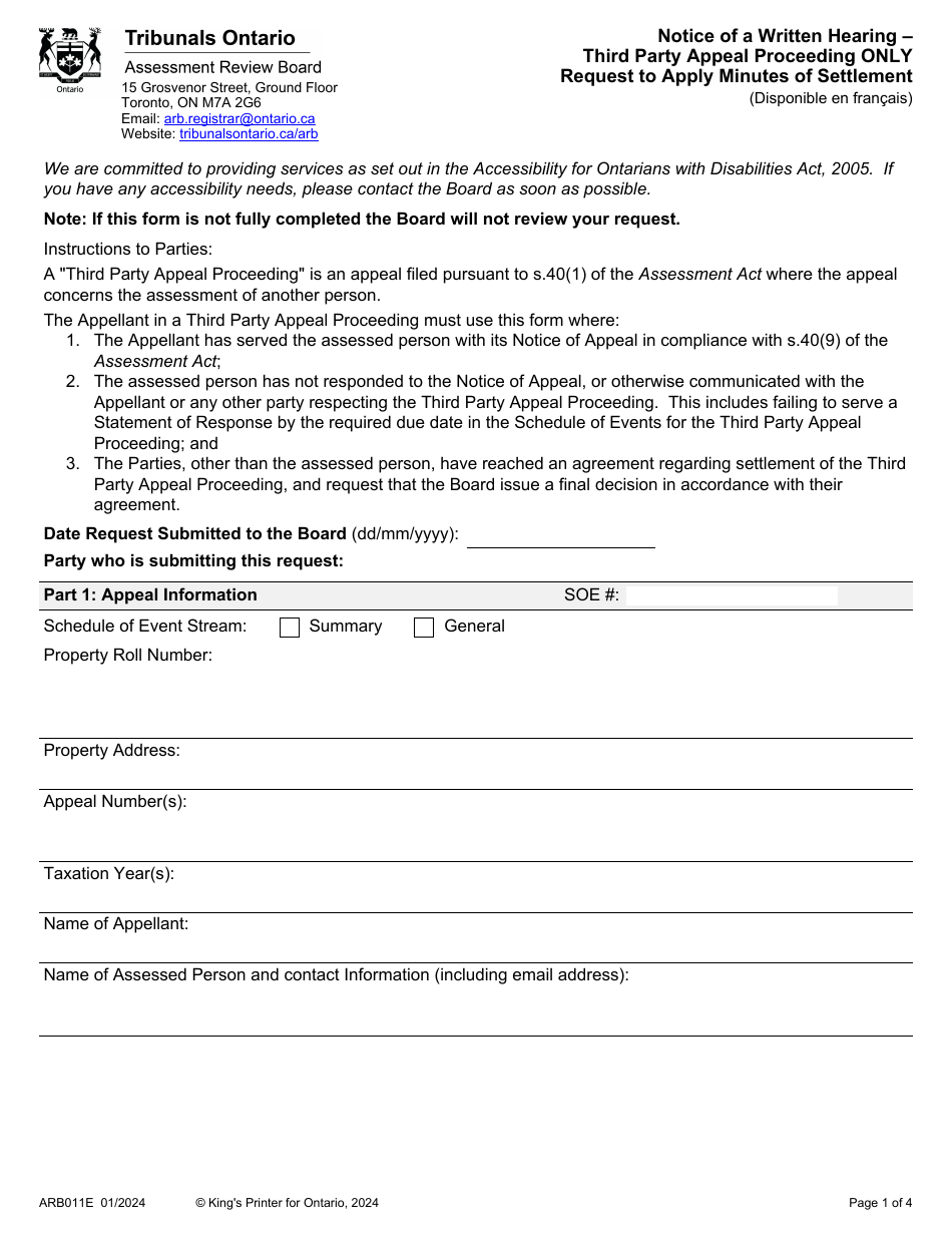 Form ARB011E - Fill Out, Sign Online and Download Fillable PDF, Ontario ...