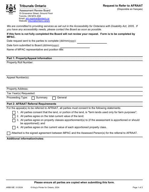 Form ARB018E Request to Refer to Afraat - Ontario, Canada