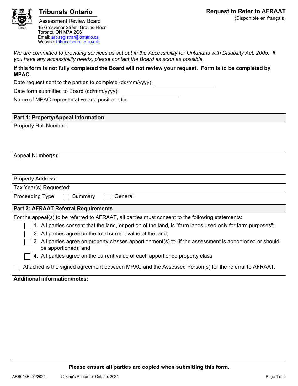 Form ARB018E Request to Refer to Afraat - Ontario, Canada, Page 1