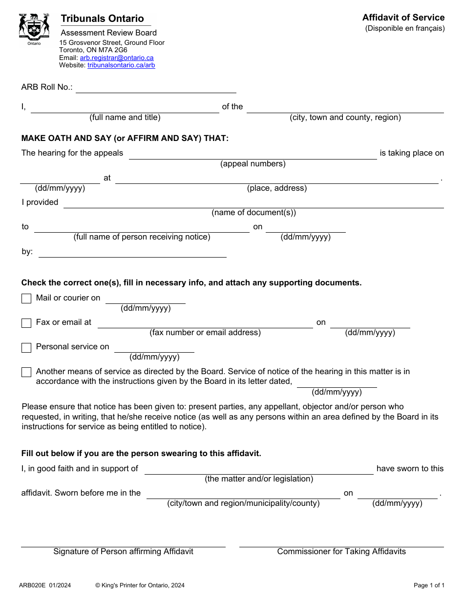 Form ARB020E - Fill Out, Sign Online and Download Fillable PDF, Ontario ...