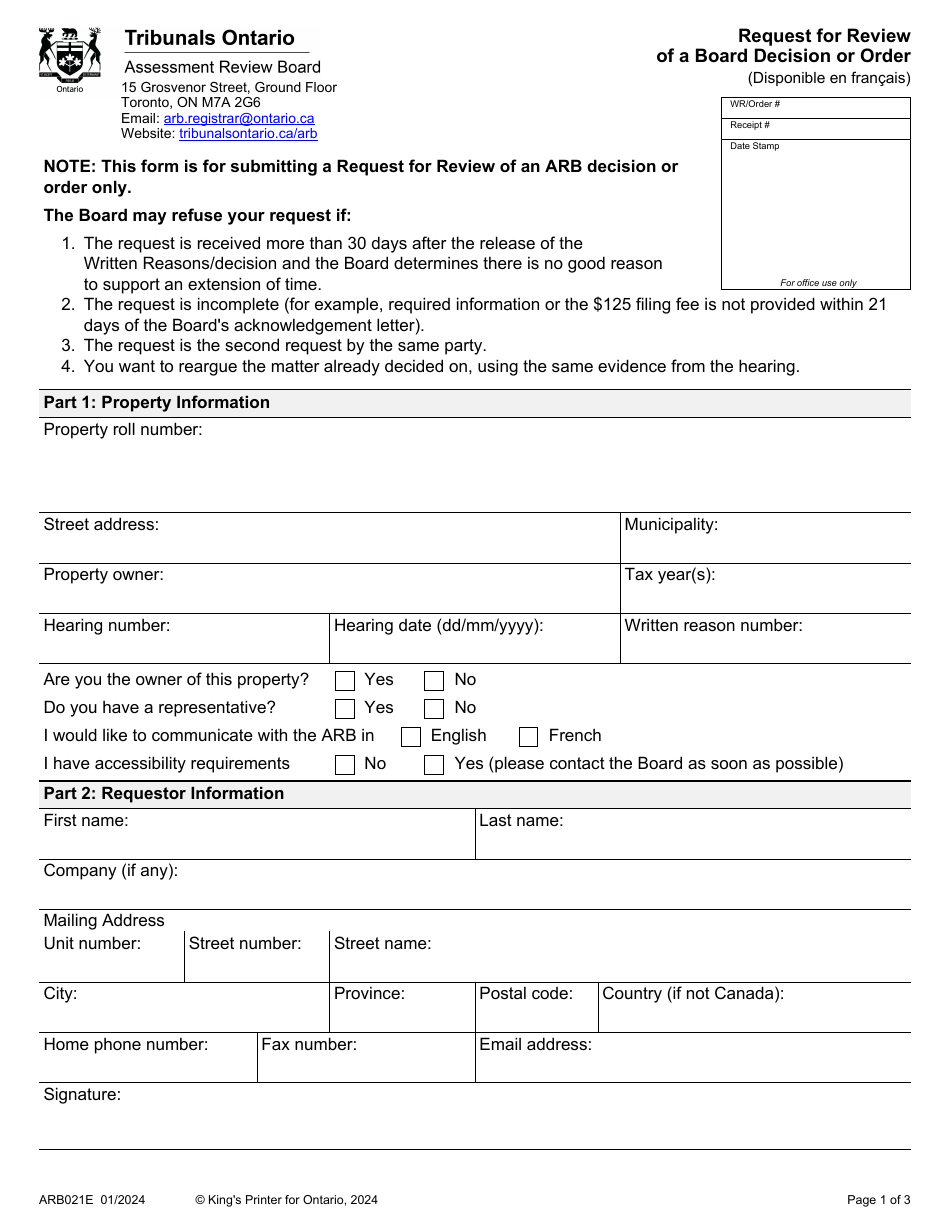 Form ARB021E Request for Review of a Board Decision or Order - Ontario, Canada, Page 1