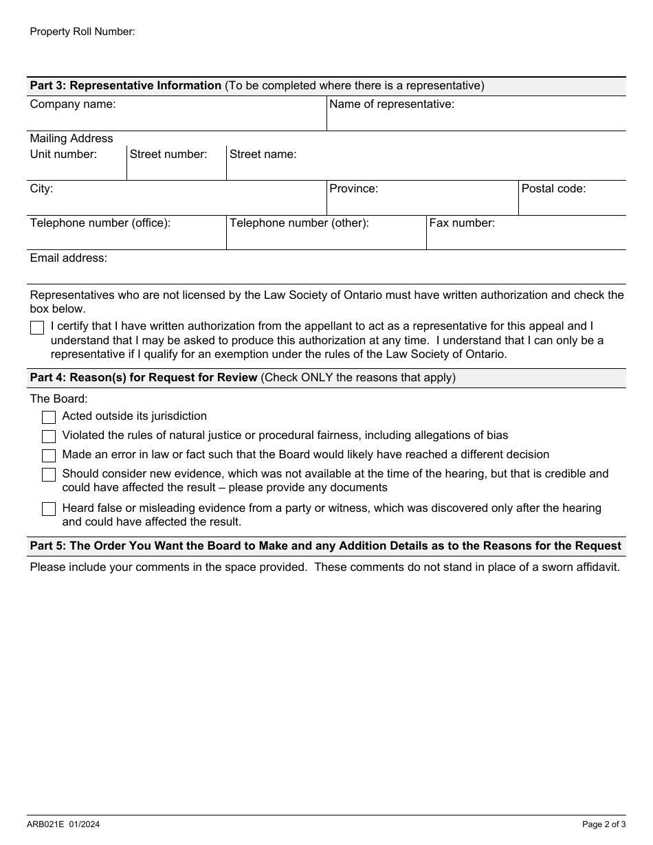 Form ARB021E Request for Review of a Board Decision or Order - Ontario, Canada, Page 2