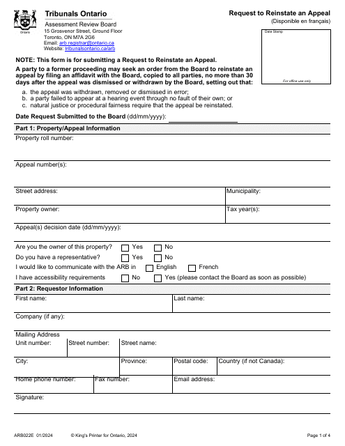 Form ARB022E Request to Reinstate an Appeal - Ontario, Canada