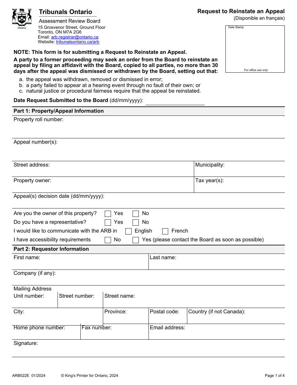 Form ARB022E Request to Reinstate an Appeal - Ontario, Canada, Page 1