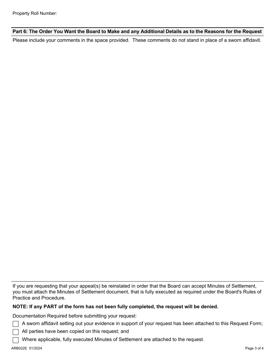 Form ARB022E Request to Reinstate an Appeal - Ontario, Canada, Page 3