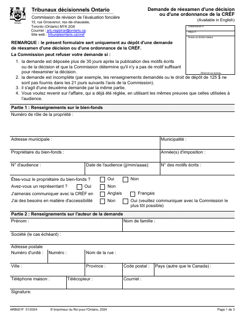 Forme ARB021F Demande De Reexamen D'une Decision Ou D'une Ordonnance De La Cref - Ontario, Canada (French)