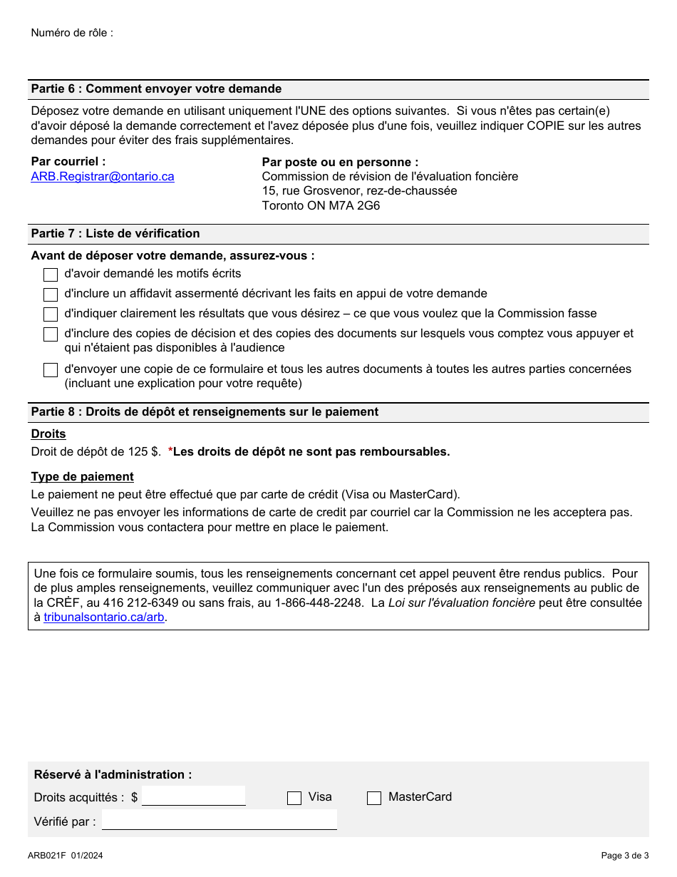 Forme ARB021F Demande De Reexamen Dune Decision Ou Dune Ordonnance De La Cref - Ontario, Canada (French), Page 3