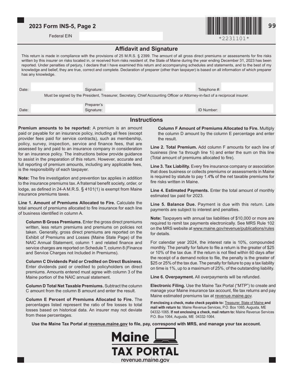 Form INS-5 Fire Investigation and Prevention Tax Annual Reconciliation / Return - Maine, Page 2