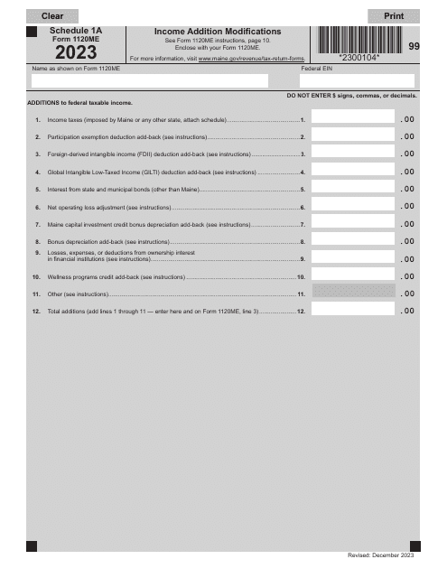 Form 1120ME Schedule 1 A Income Addition Modifications - Maine, 2023