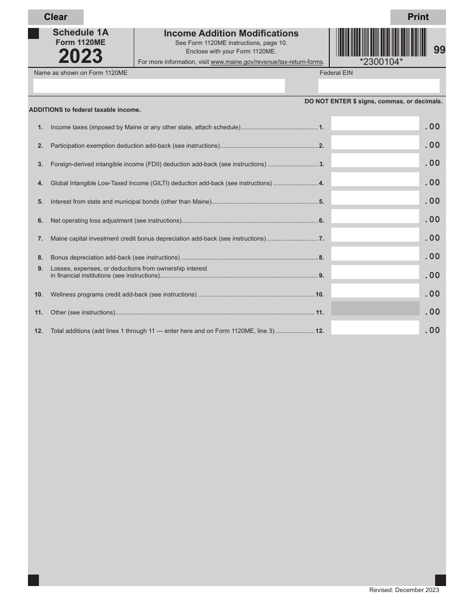 Form 1120ME Schedule 1 A Income Addition Modifications - Maine, Page 1