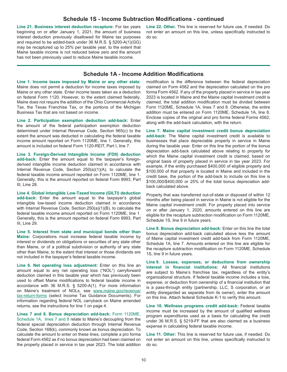 Instructions for Form 1120ME Maine Corporate Income Tax Return - Maine, Page 10
