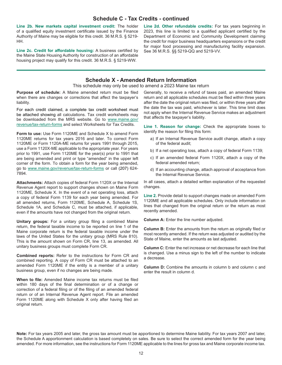 Instructions for Form 1120ME Maine Corporate Income Tax Return - Maine, Page 12
