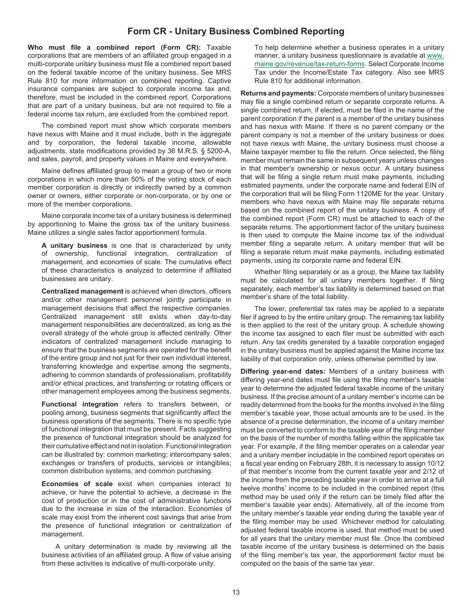 Instructions for Form 1120ME Maine Corporate Income Tax Return - Maine, Page 13