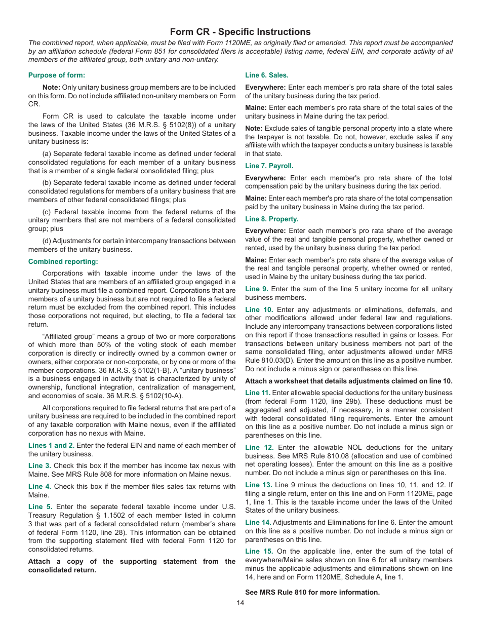 Instructions for Form 1120ME Maine Corporate Income Tax Return - Maine, Page 14