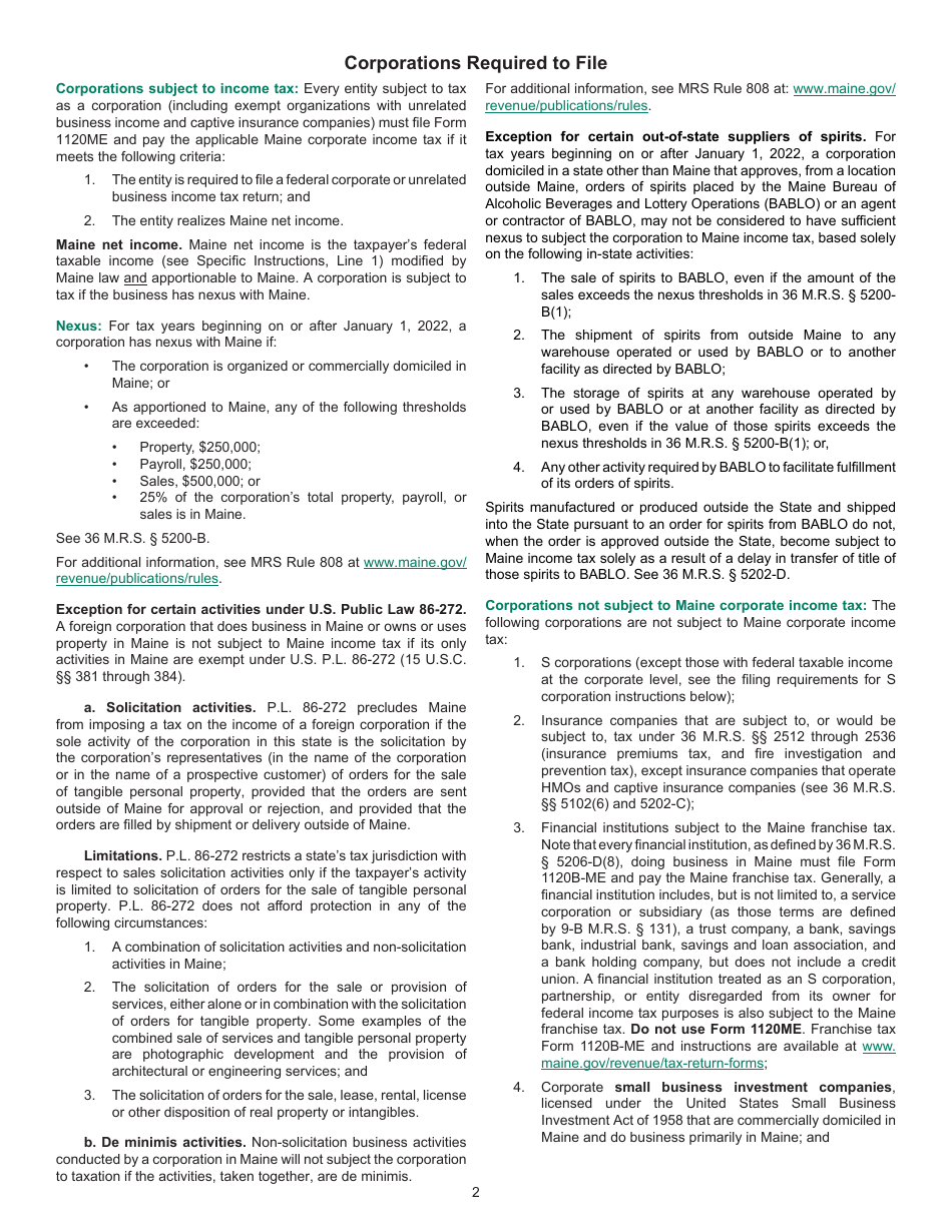 Instructions for Form 1120ME Maine Corporate Income Tax Return - Maine, Page 2