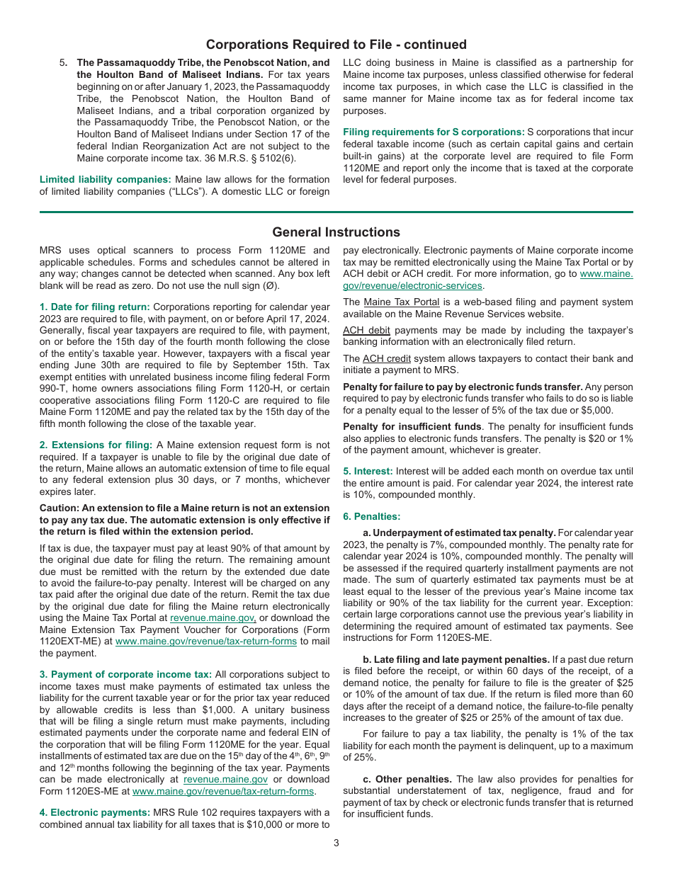 Instructions for Form 1120ME Maine Corporate Income Tax Return - Maine, Page 3