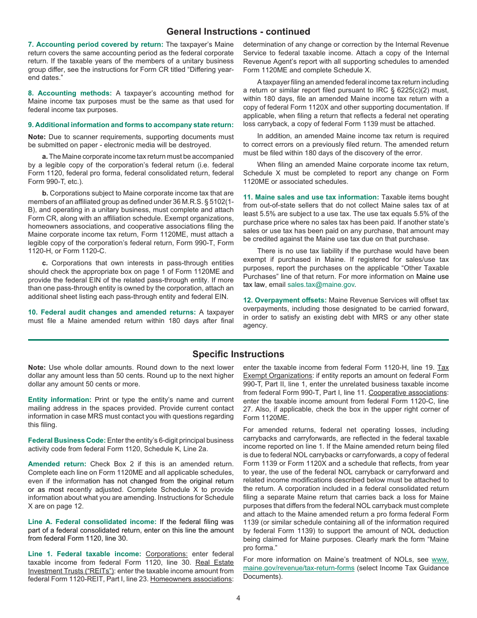 Instructions for Form 1120ME Maine Corporate Income Tax Return - Maine, Page 4