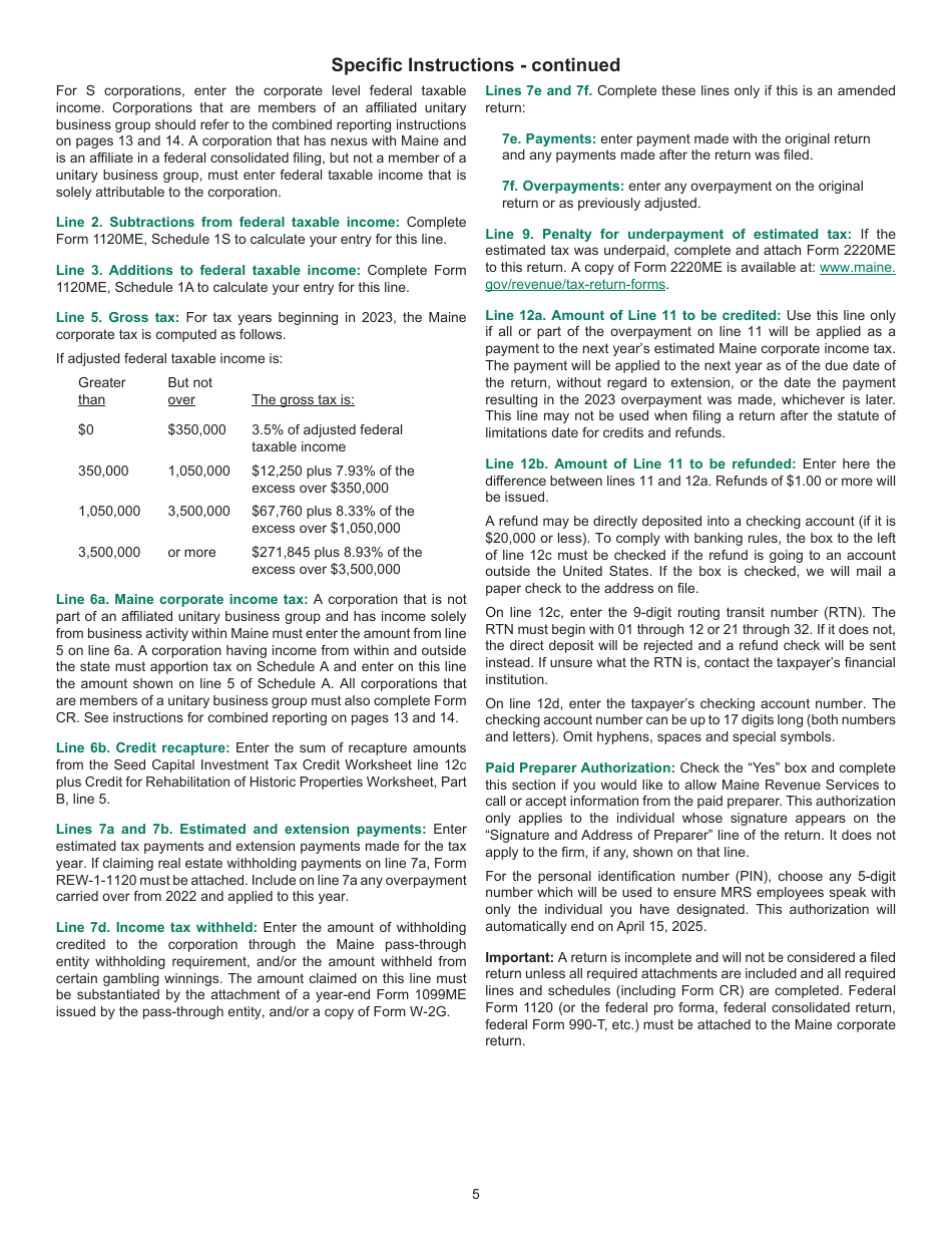 Instructions for Form 1120ME Maine Corporate Income Tax Return - Maine, Page 5