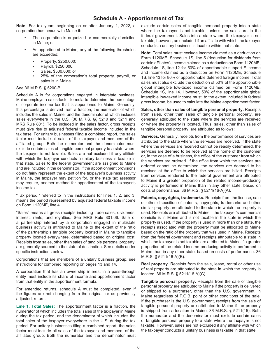 Instructions for Form 1120ME Maine Corporate Income Tax Return - Maine, Page 6