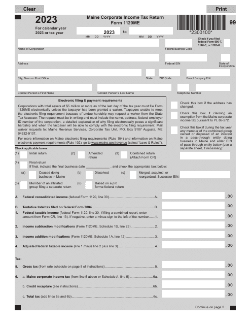 Form 1120ME Maine Corporate Income Tax Return - Maine, 2023