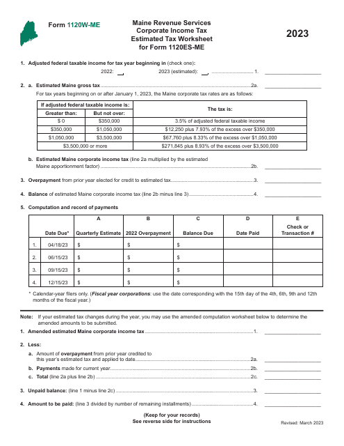 Form 1120W-ME Corporate Income Tax Estimated Tax Worksheet for Form 1120es-Me - Maine, 2023