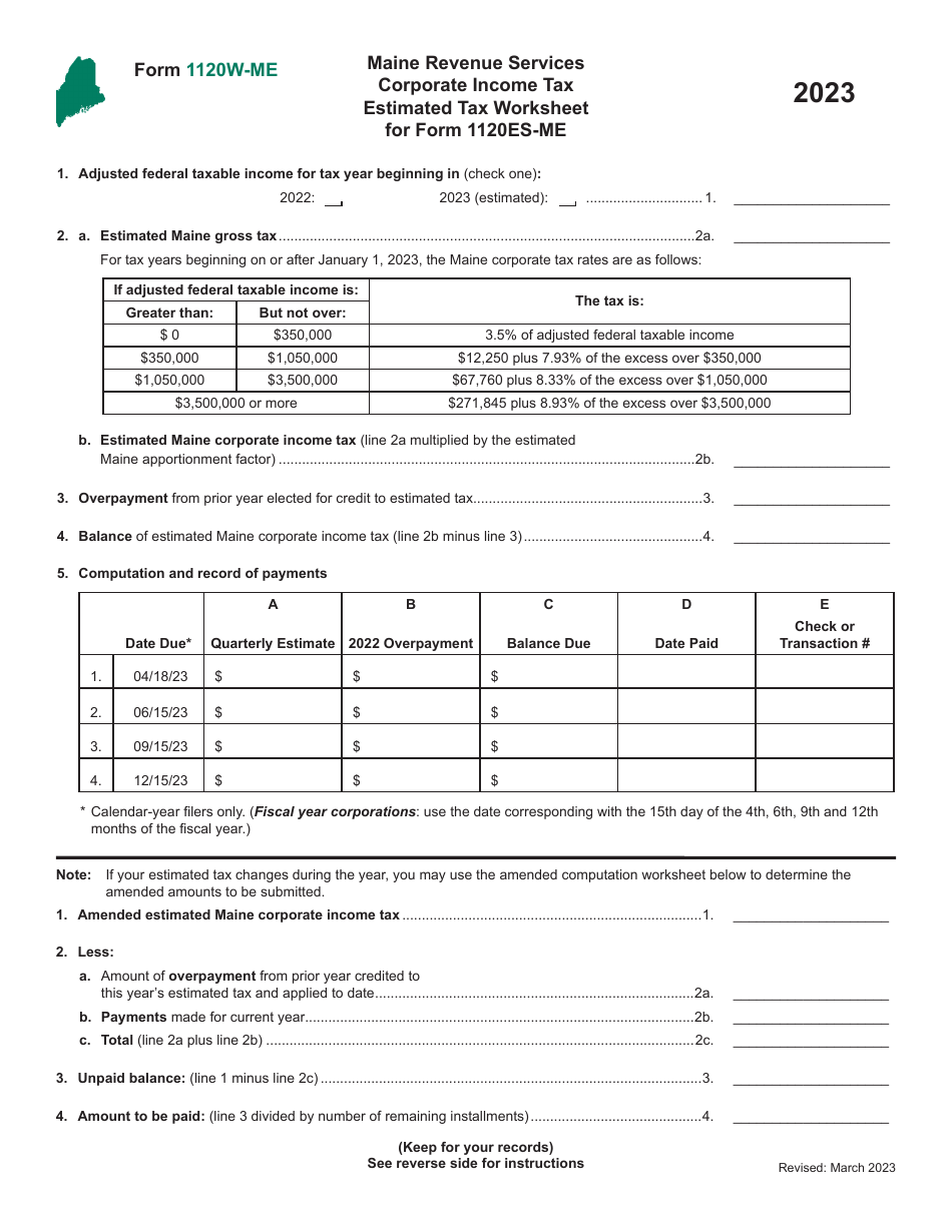 Form 1120W-ME Corporate Income Tax Estimated Tax Worksheet for Form 1120es-Me - Maine, Page 1