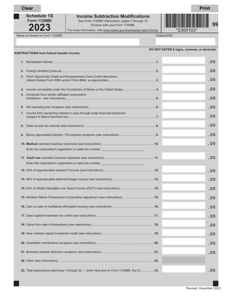 Form 1120ME Schedule 1S Income Subtraction Modifications - Maine, Page 1