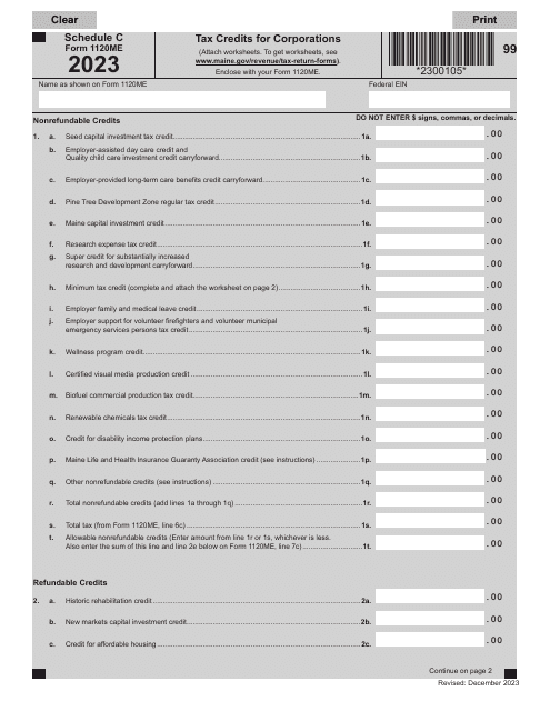 Form 1120ME Schedule C Tax Credits for Corporations - Maine, 2023