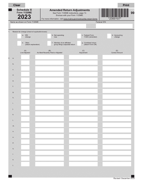 Form 1120ME Schedule X Amended Return Adjustments - Maine, 2023