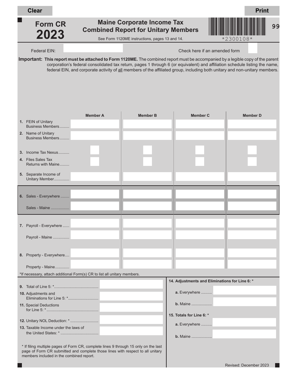Form CR Download Fillable PDF or Fill Online Maine Corporate Tax Combined Report for