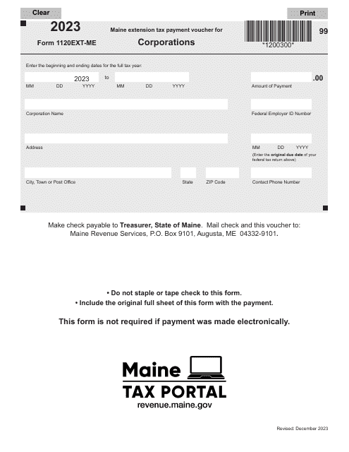 Form 1120EXT-ME Maine Extension Tax Payment Voucher for Corporations - Maine, 2023