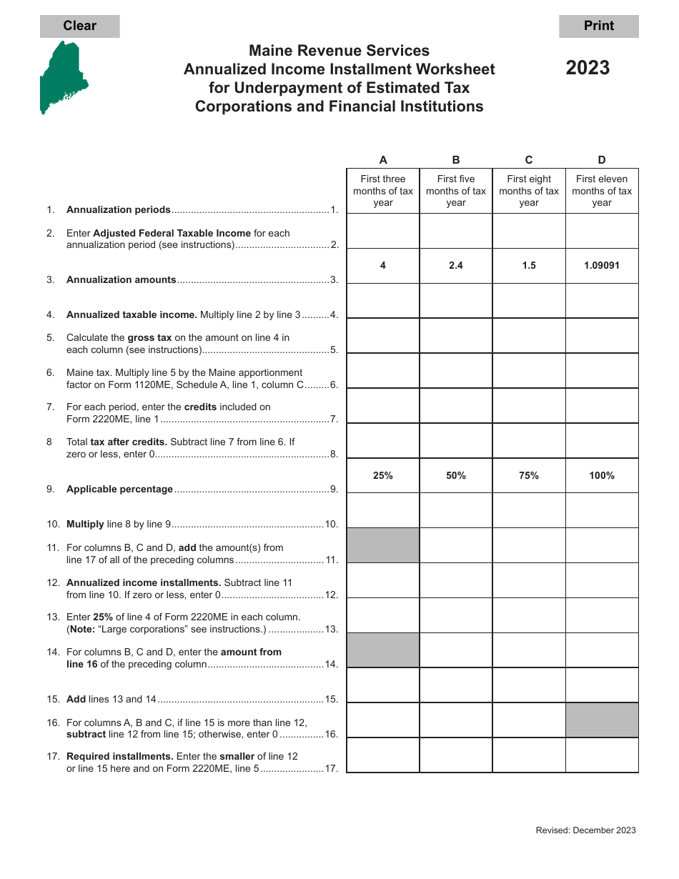 Annualized Income Installment Worksheet for Underpayment of Estimated Tax Corporations and Financial Institutions - Maine, Page 1