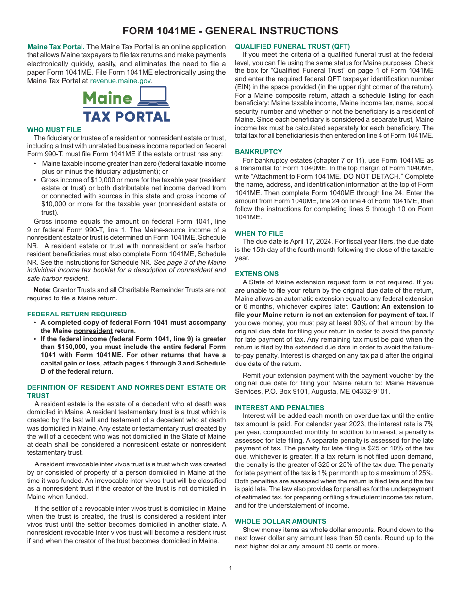 Instructions for Form 1041ME Income Tax Return for Resident and Nonresident Estates and Trusts - Maine, Page 1