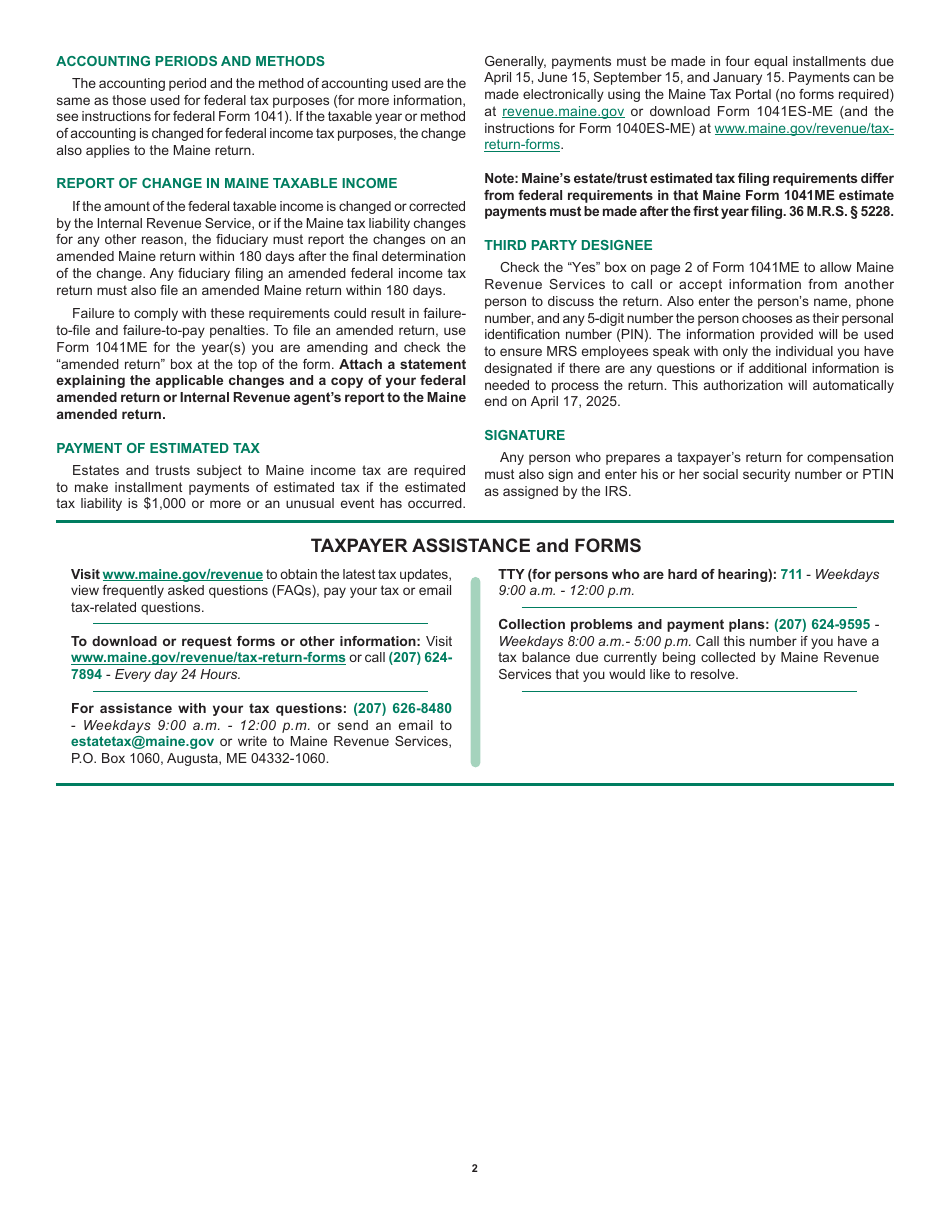Instructions for Form 1041ME Income Tax Return for Resident and Nonresident Estates and Trusts - Maine, Page 2