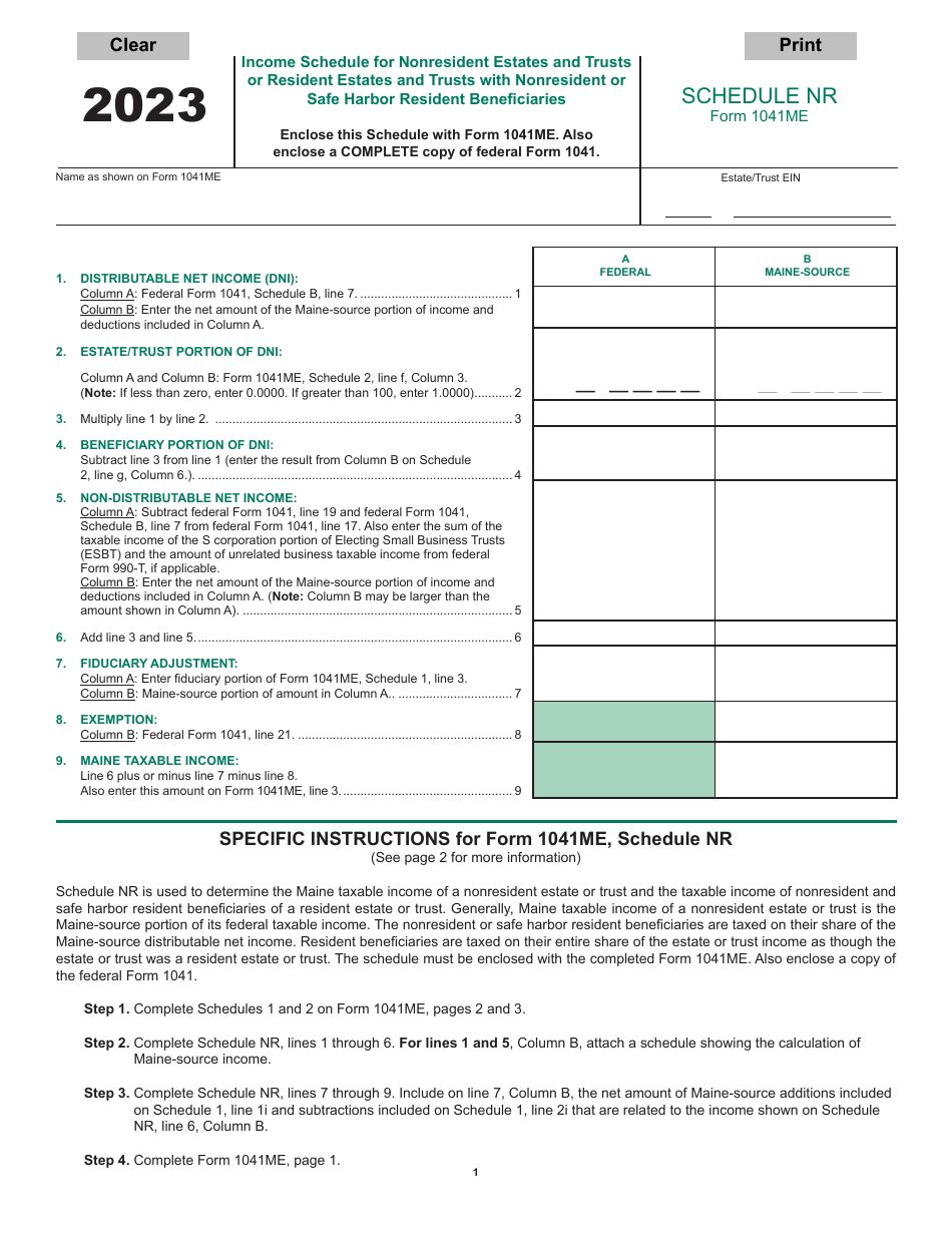 Form 1041ME Schedule NR Income Schedule for Nonresident Estates and Trusts or Resident Estates and Trusts With Nonresident or Safe Harbor Resident Benefi Ciaries - Maine, Page 1