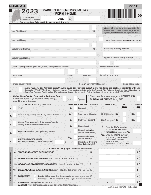 Form 1040ME Maine Individual Income Tax - Maine, 2023