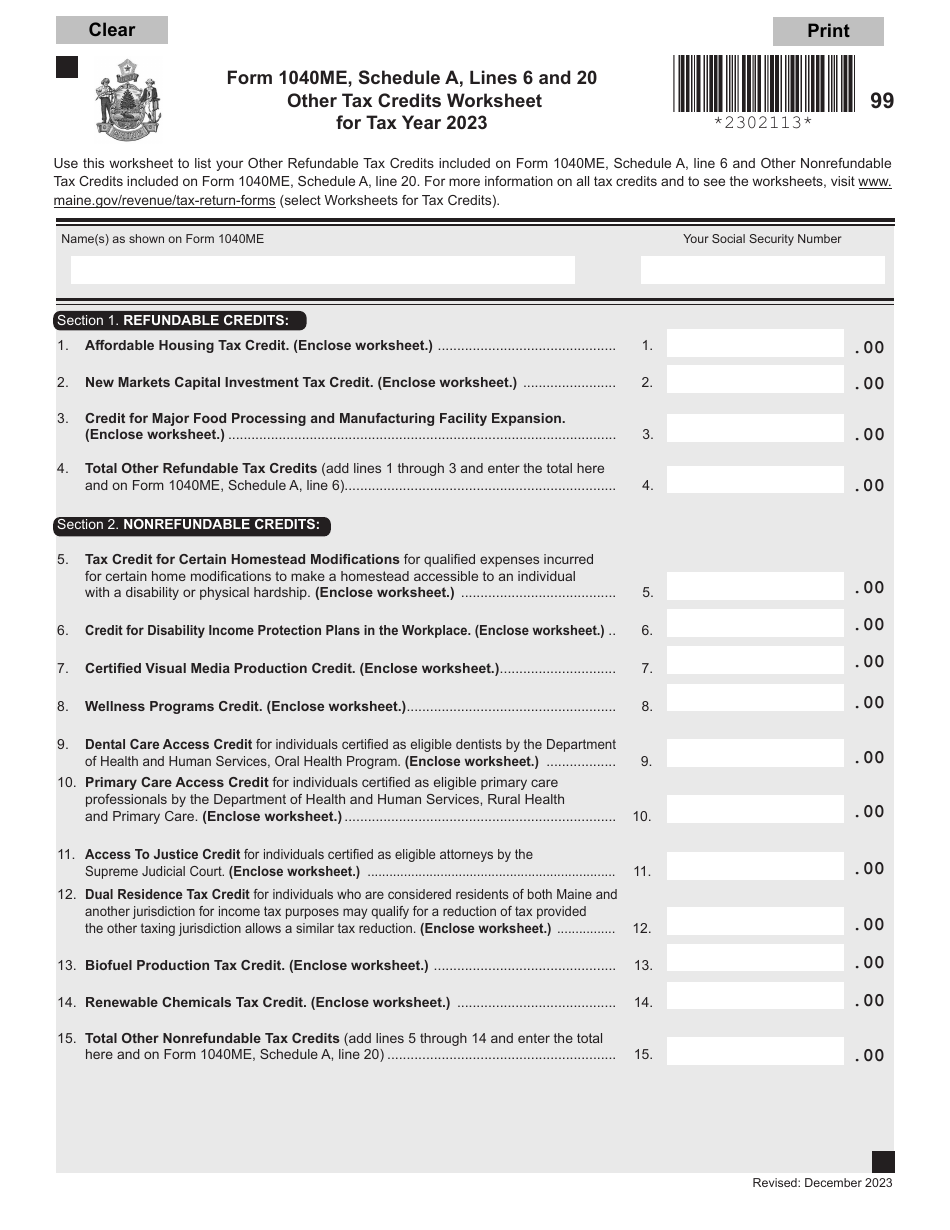 Form 1040ME Schedule A Other Tax Credits Worksheet - Maine, Page 1