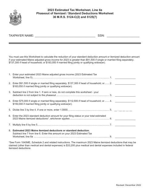 Phaseout of Itemized / Standard Deductions Worksheet - Maine Download Pdf