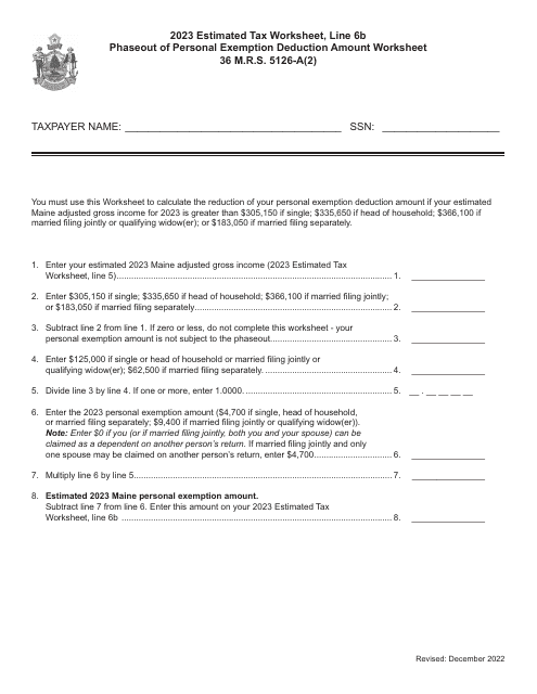 Phaseout of Personal Exemption Deduction Amount Worksheet - Maine Download Pdf