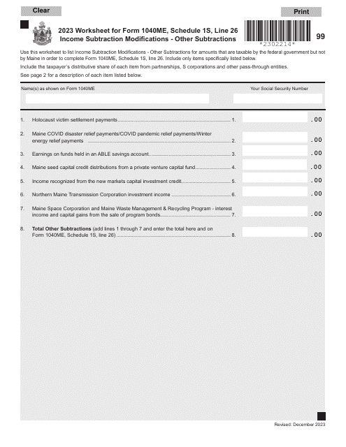 Form 1040ME Schedule 1S Income Subtraction Modifications - Other Subtractions - Maine, 2023