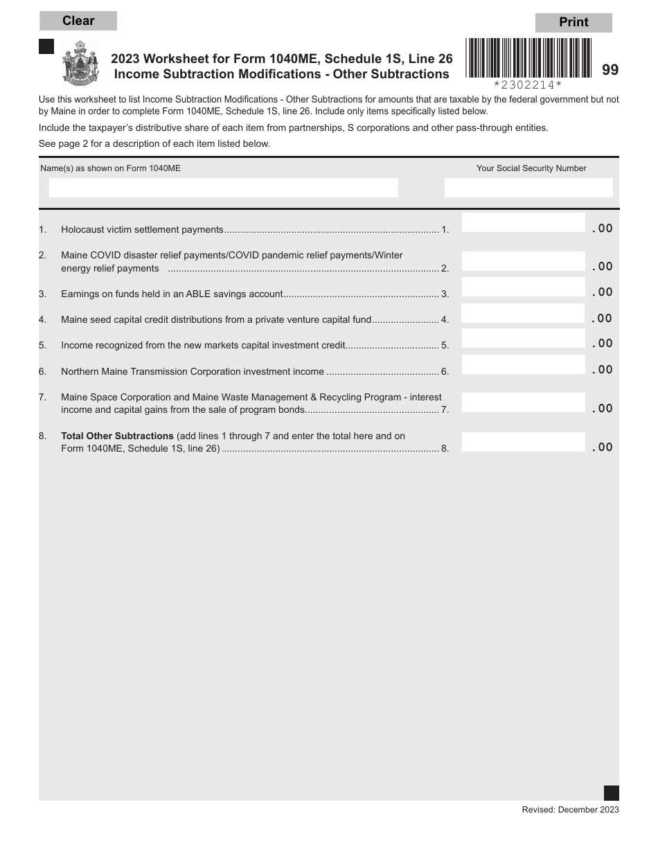 Form 1040ME Schedule 1S Income Subtraction Modifications - Other Subtractions - Maine, Page 1