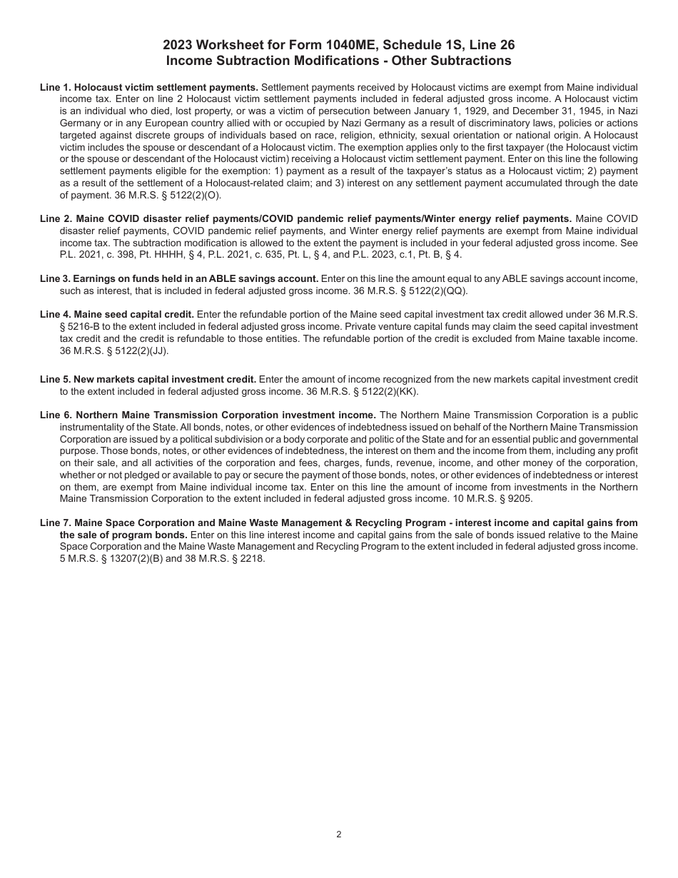 Form 1040ME Schedule 1S Income Subtraction Modifications - Other Subtractions - Maine, Page 2