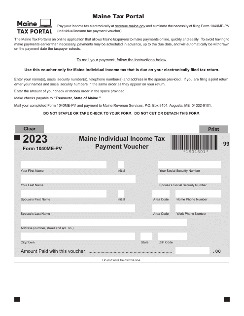 Form 1040ME-PV Maine Individual Income Tax Payment Voucher - Maine, 2023