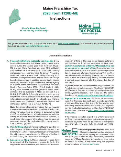 Instructions for Form 1120B-ME Maine Franchise Tax Return for Financial Institutions - Maine, 2023