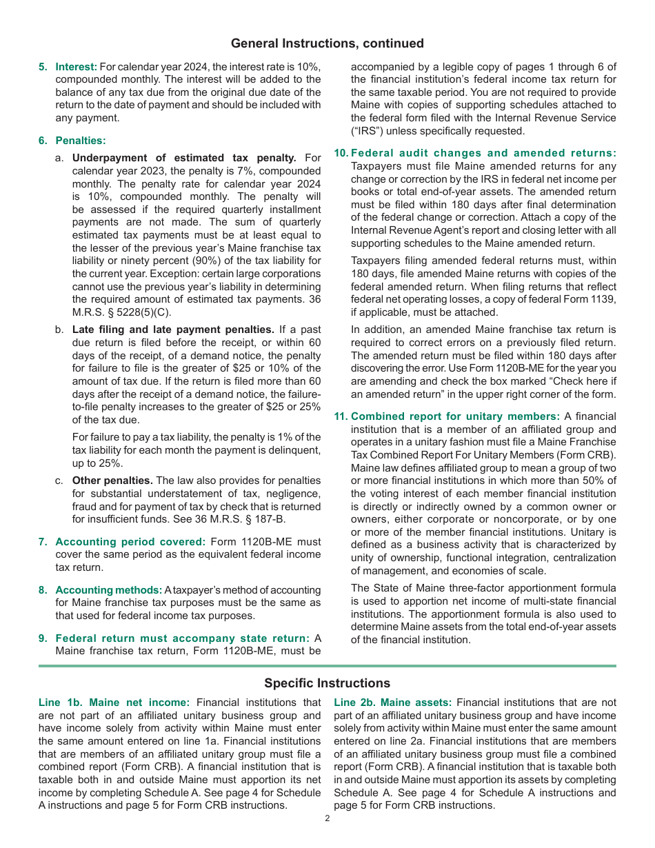 Instructions for Form 1120B-ME Maine Franchise Tax Return for Financial Institutions - Maine, Page 2