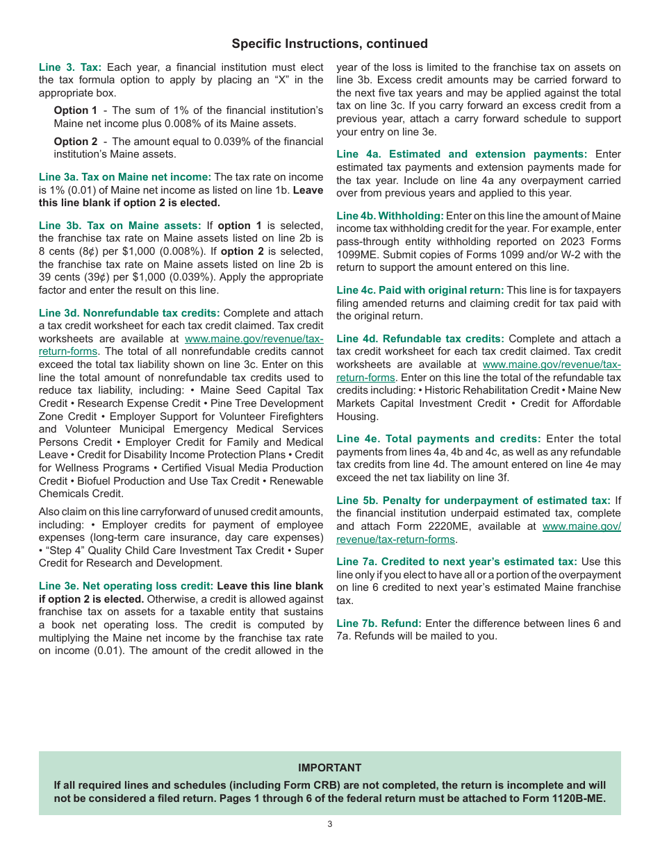 Instructions for Form 1120B-ME Maine Franchise Tax Return for Financial Institutions - Maine, Page 3