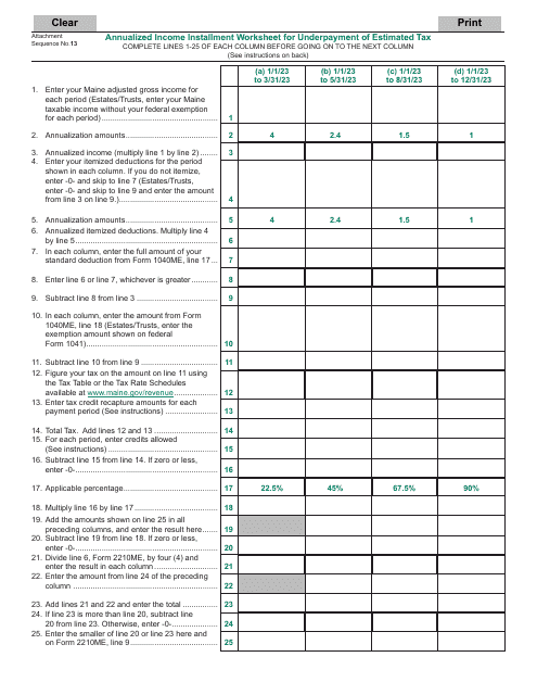 Annualized Income Installment Worksheet for Underpayment of Estimated Tax - Maine, 2023
