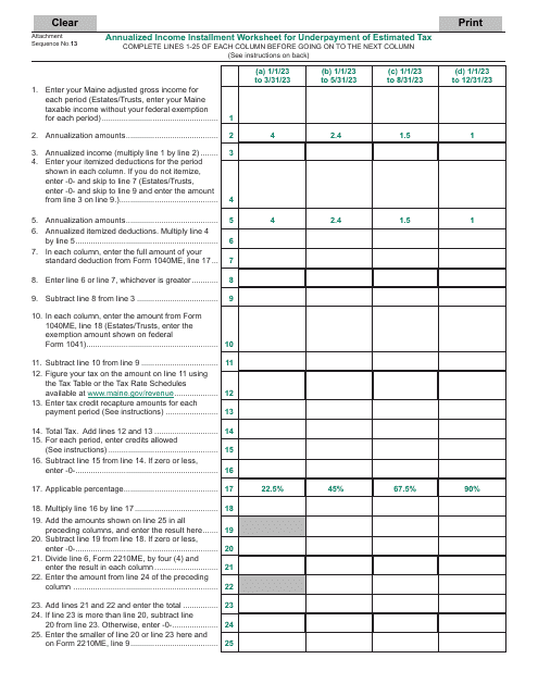 Annualized Income Installment Worksheet for Underpayment of Estimated Tax - Maine Download Pdf