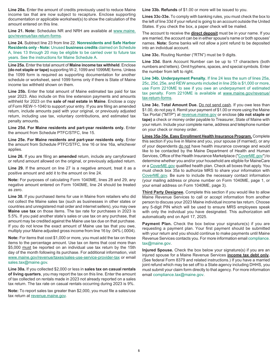 Instructions for Form 1040ME Maine Individual Income Tax - Maine, Page 5