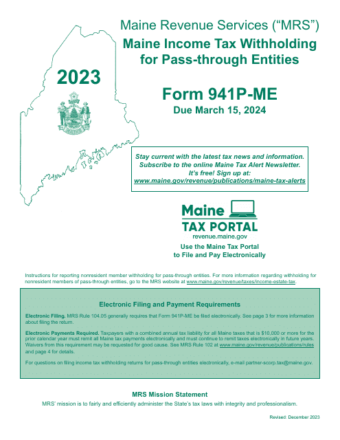 Instructions for Form 941P-ME Pass-Through Entity Return of Maine Income Tax Withheld From Members - Maine, 2023